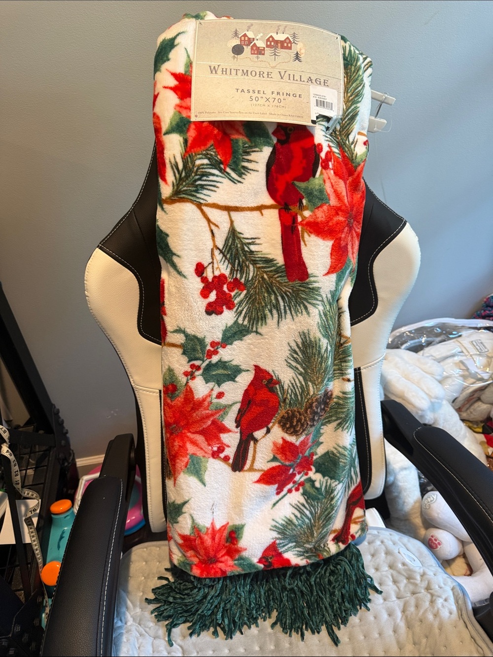 Whitmore Village Cardinal & Poinsettia Holiday Throw - Red, Green, Cream - Picture 1 of 4